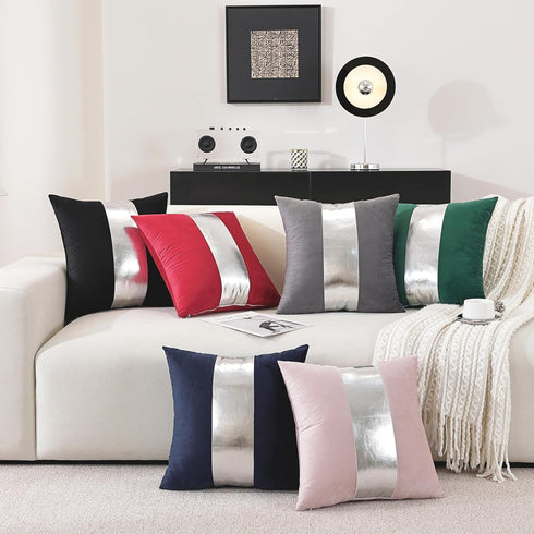 TAOSON Pack 2 1220 Inch of Velvet Decorative Throw Pillow Covers Navy Blue Patchwork with Silver Striped Leather Pillow
