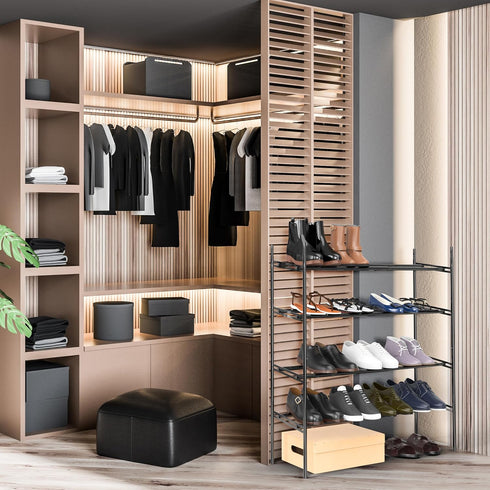 4-Tier 16 Simple Houseware Expandable Shoe Racks with Shelves for Pairs of Shoes, Black
