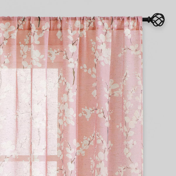 FMFUNCTEX Linen Sheer Curtains, Blush Pink Blossom Patterned, 96 Inches Long, Floral Drapes for Kids Room and Living