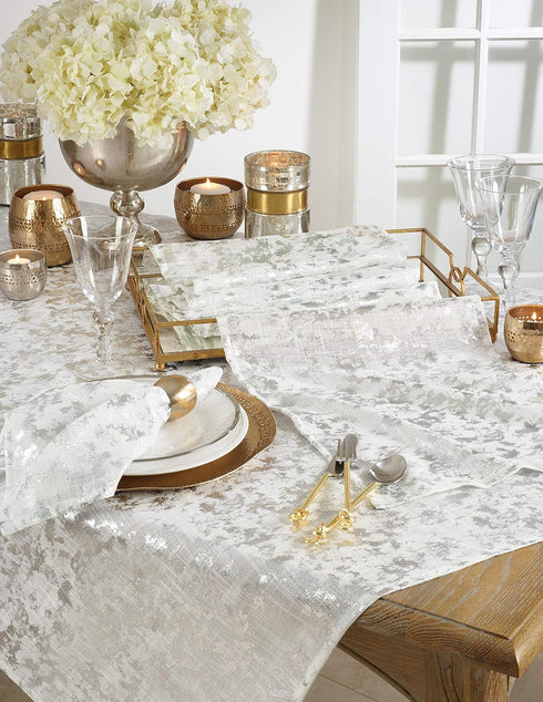 SARO LIFESTYLE Bottega Collection Foil Print Design Table Runner, 15" x 90", Silver Color