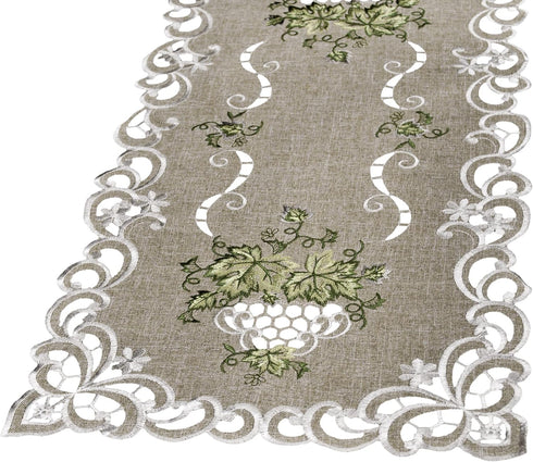 Embroidered Green Leaf Table Runner, Antique Green Fabric Dresser Scarf, Coffee Table Doily (16Wx35L)