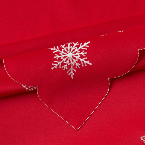 Violet Linen Embroidered Red Christmas Table Topper, 36" Square, Snowflakes