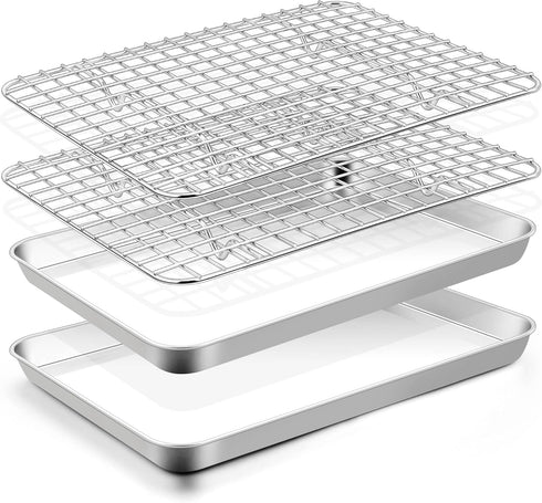 TeamFar Toaster Oven Pan with Rack Set, 10.5 x 8 x 1 Inch Stainless Steel Baking Pan Tray with Grid Rack