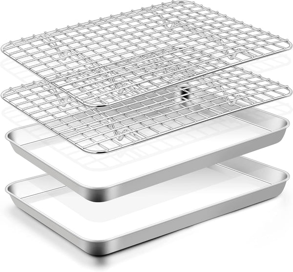TeamFar Toaster Oven Pan with Rack Set, 10.5 x 8 x 1 Inch Stainless Steel Baking Pan Tray with Grid Rack