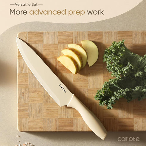 CAROTE 12 Pieces Kitchen Knife Set, Stainless Steel with Nonstick Ceramic Coating, Dishwasher Safe, 6 Blade Guards,