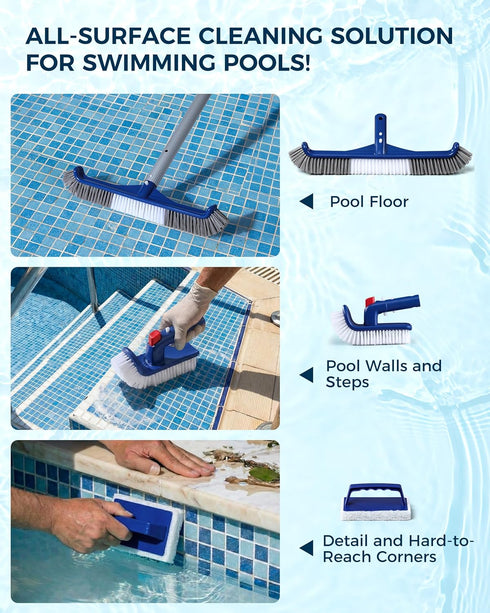 Snuvid 3-in-1 Set 17.5" Set Full-Coverage Pool Brush Head - Includes Long Brush, Rotatable Handheld/Extension Pole