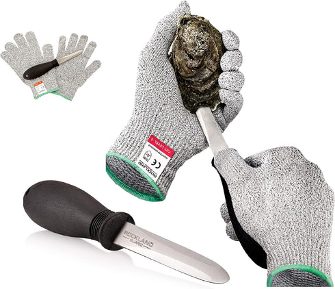 Rockland Guard Professional Oyster Shucking Knife Set - 3.5" Stainless Steel Shucker, Non-Slip Handle & Gloves