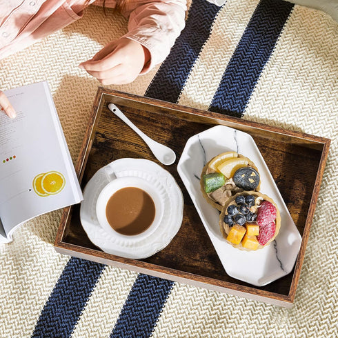 Hanobe Brown Decorative Serving Trays: Rustic Brown Rectangle Tray Decor with Cutout Handles for Coffee Table Ottoman