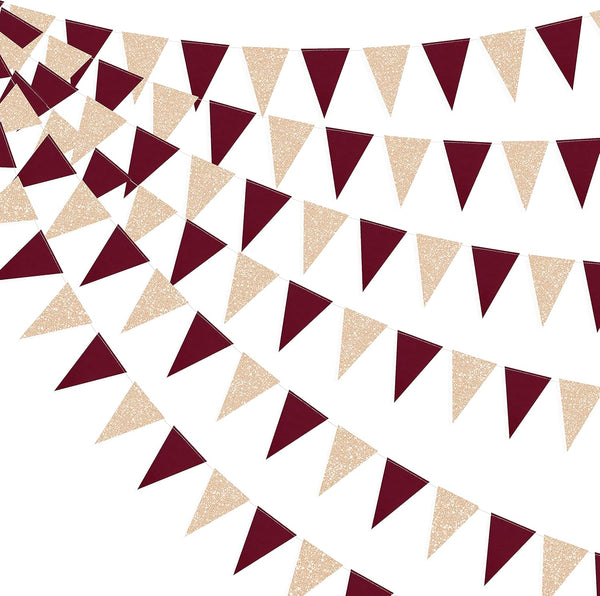 Burgundy Party Decorations - Maroon Champagne Gold Triangle Banner Flag Bunting for Birthday, Engagement, Wedding, Baby