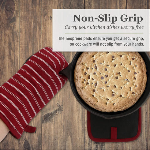 Cuisinart Neoprene Oven Mitts and Potholder Set, Heat Resistant Gloves with Non-Slip Grip, Red Dahlia