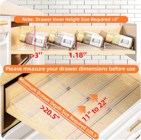 4 2 Set (8 Packs) 11" 22" MUDEELA Clear Spice Drawer Organizer, Tier- Spice Rack for Drawer, Expandable From to Kitchen