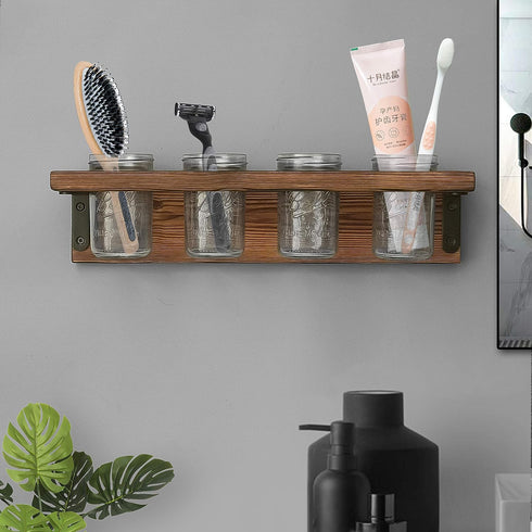 Mason Jar Shelf, Rustic Farmhouse Toothbrush Holder Wall-Mounted, Hanging Mason Jars Organizer for Planters and Candle