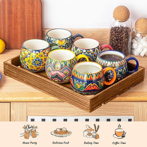 Set 6, 20 oz Henten Home Ceramic Coffee Mug of Colorful Coffee Cup with Handle, Boho Porcelian Mug for Cappuccino