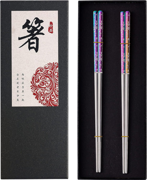 Metal Chopsticks - Reusable Dazzling Rainbow Stainless Steel, Non-slip, Dishwasher Safe, Eco-friendly, 2 Pairs Gift Set