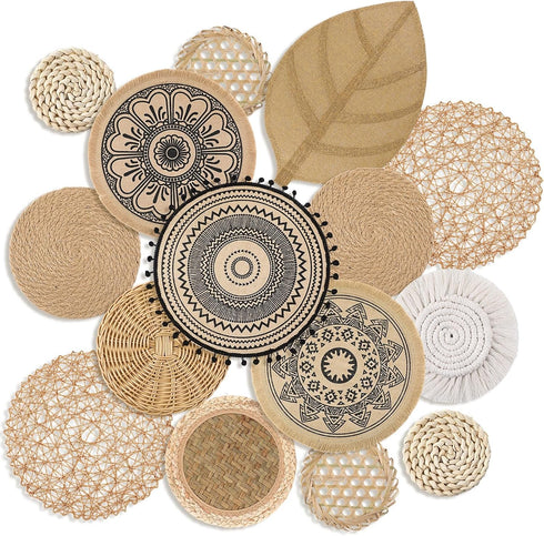 Anglechic 15 Pcs Boho Wall Basket Decor Brown Woven Rattan Seagrass Decor Hanging
