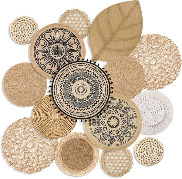 Anglechic 15 Pcs Boho Wall Basket Decor Brown Woven Rattan Seagrass Decor Hanging