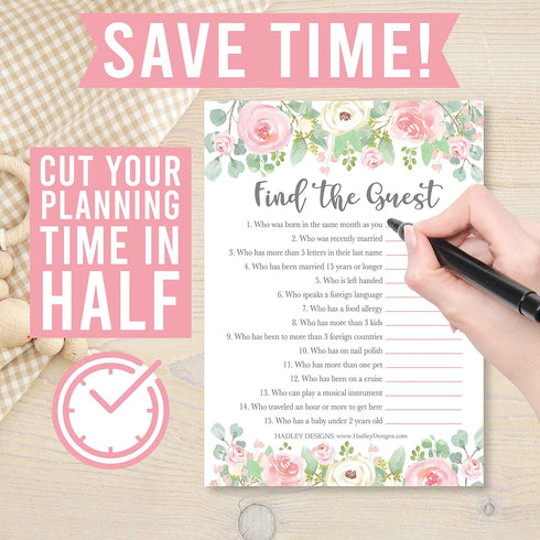 Hadley Designs Baby Shower Games for Girls, 25 Double-Sided Cards for 25 Guests, Baby Trivia and Find The Guest