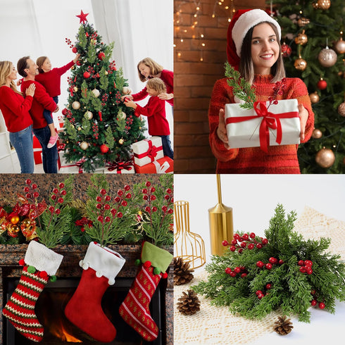 45 Sggvecsy Pcs Artificial Pine Branches Fake Evergreen Norfolk Pine Picks Artificial Red Berry Stems Christmas Cypress