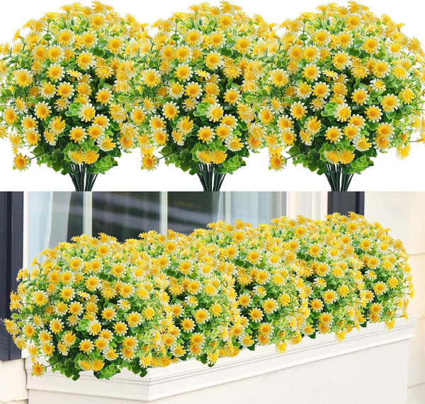 GREENRAIN 6 Bundles Artificial Daisy Flowers, Outdoor Fake Flowers for Decoration, No Fade Faux Plastic (Yellow)