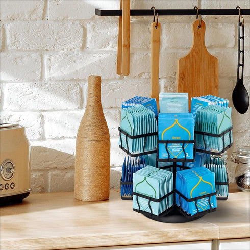 12 140 NHZ Tea Bag Organizer - Spinning Carousel Holder With Compartments, Up to Tea Bags Storage, Black Powder Coated