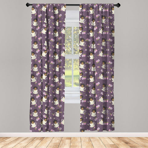 Ambesonne Tea Party Window Curtains, Dachshund Dogs in Cups and Wildflowers Graphic, 2-Panel Set, 28" x 95"