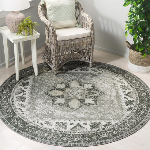 SAFAVIEH Washable Rug Tucson Collection - 3' Round, Dark Sage & Ivory,