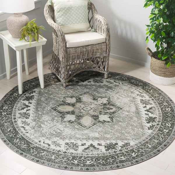 SAFAVIEH Washable Rug Tucson Collection - 3' Round, Dark Sage & Ivory,