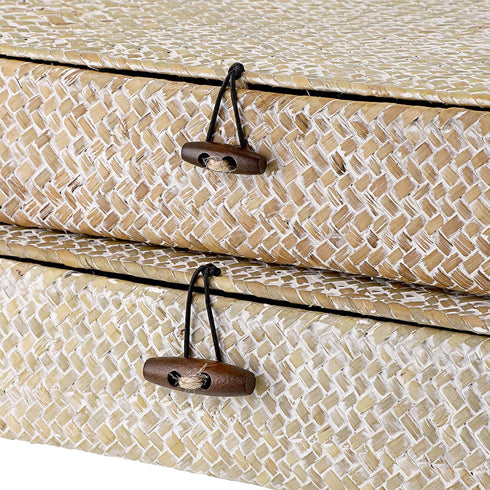 Hipiwe Set 2 of Flat Woven Wicker Storage Bins with Lid Natural Seagrass Basket Boxes Multipurpose Home Organizer Bins