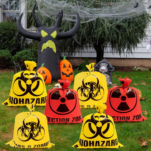 CNhoqc 6Pcs Halloween Lawn Trash Bags - Zombie Warning Reusable Waste Bags with Twist Ties, Fallen Leaf Grass Clipping