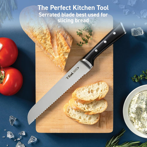 T-fal Ice Force German Stainless Steel Bread Knife, 8 Inch, High Cutting Precision, Ultra Sharp Blades
