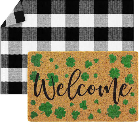 Fabbay 2 Pcs Fall Welcome Doormat, Layered Buffalo Plaid Rug, Pumpkin Rug for Halloween Thanksgiving Indoor Outdoor