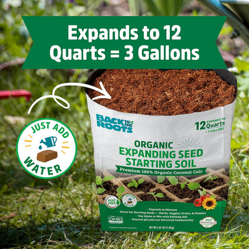 12 Back to The Roots Organic Seed Starting, Compressed Block expands to Quarts, Made for Herbs, Veggies, Flowers