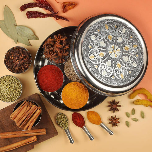 7 7 7 (8 Inch) KSJONE Designer Spice Box, Spice Jars, Holds Spices, Steel Spice Container with Spoons, Storage