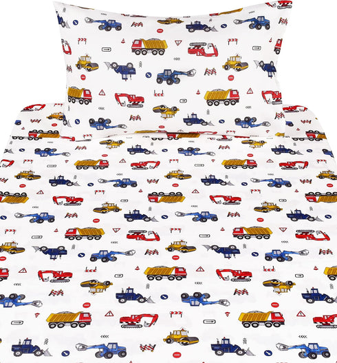 J-pinno 100% 3 Set Set Building Construction Car Truck Digger Transport Vehicle Twin Cotton Pieces Sheet for Kids Girls