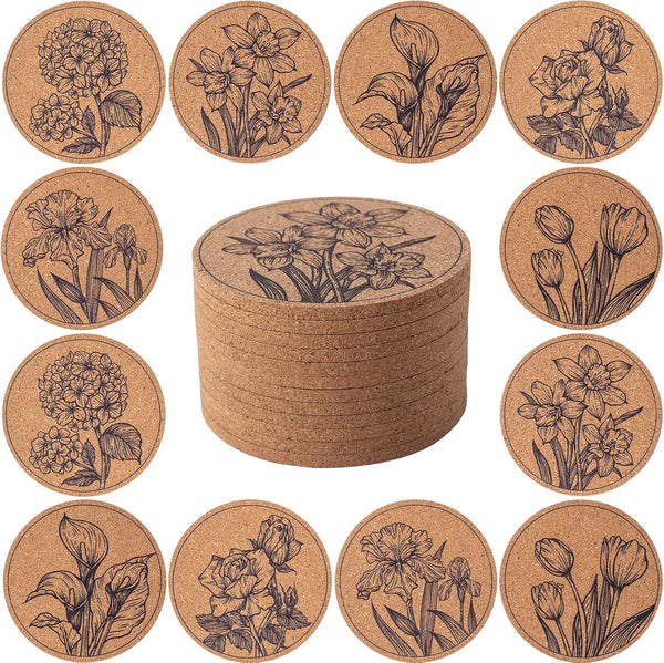 Staruby Coasters for Drinks 12 pcs Absorbent Cork Coasters with Flower Coaster for