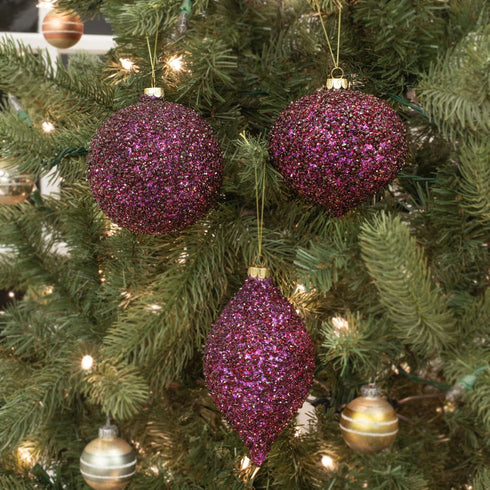 Beaded Purple Plum Glittered Ball Finial - 6 inch Glass Decorative Hanging Christmas Ornament Set