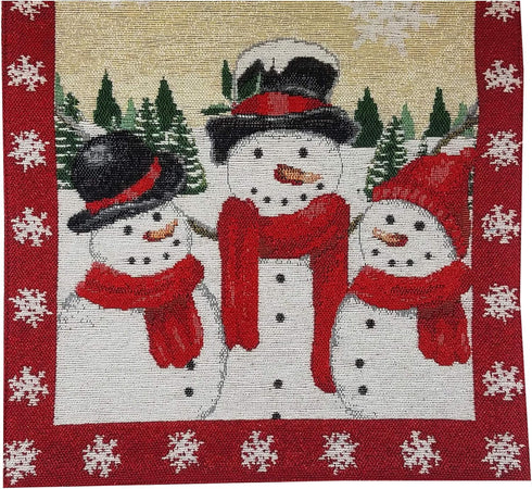 Table Runner with Trio of Snowmen, Sparkling Snowflakes, Trees and Glitter Tapestry 36 inches for Winter and Christmas
