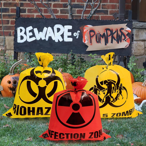 CNhoqc 6Pcs Halloween Lawn Trash Bags - Zombie Warning Reusable Waste Bags with Twist Ties, Fallen Leaf Grass Clipping