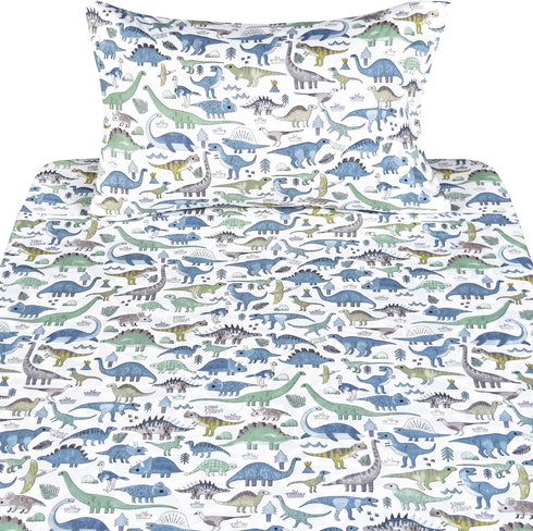 J-pinno 100% 3 Set Set Dinosaur World Blue Green Gray Cute Twin Cotton Pieces Sheet for Kids Boys Girls Children, Flat