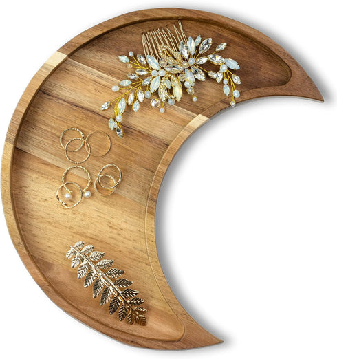 Home and Room Decor Jewelry Organizer, Gothic Trinket Dish, Moon Decor, Acacia Wood Tray for Bedroom, 10.5" x 5"