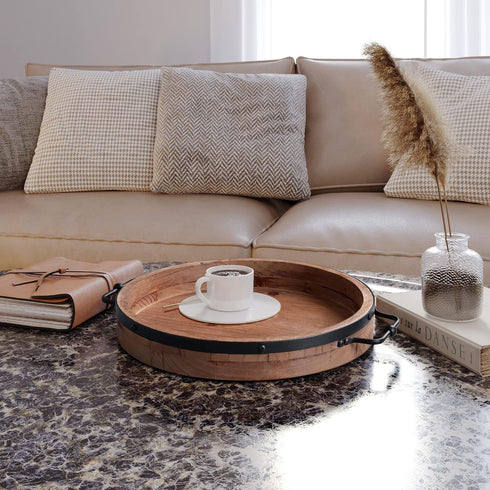 13.2'' Counter Round Coffee Table Tray - Farmhouse Wood Serving Tray with Metal Handles - Round Decorative Trays
