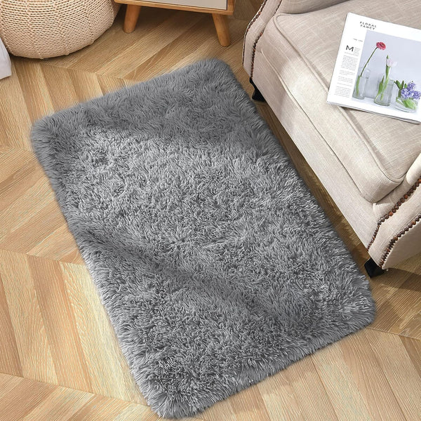 YJ.GWL Area Rugs for Bedroom - 2x3 Washable Small Grey Bedside Rug, Fluffy Shaggy Indoor Carpet