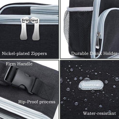 Amersun Insulated Lunch Box for Men, Black - Sturdy Bag with 2 Pockets & Padded Liner for Food Travel