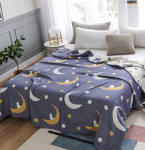 J-pinno 100% 6 58" 80") Bright Moon Stars Muslin Blanket Reversible Cotton Layer Quilt Bed Blanket Soft Warm Throw Sofa