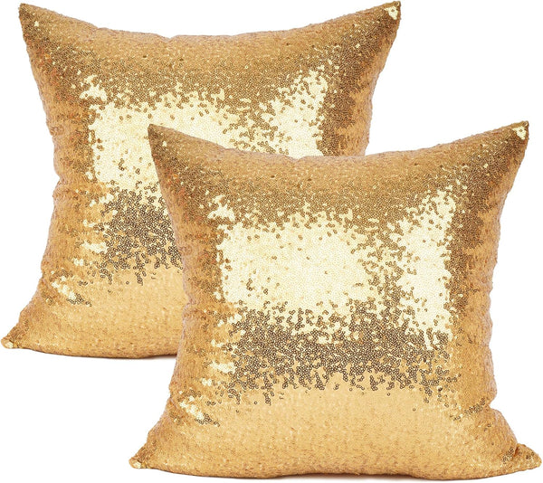 YOUR SMILE Pack of 2 New Luxury Series Gold Blink Decorative Sequin & Comfy Satin Throw Pillow Cover, 18" x 18"