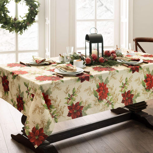 Elrene Home Fashions Festive Poinsettia Holiday Tablecloth - Wrinkle Resistant Fabric, Multi, 60"x120" Rectangle