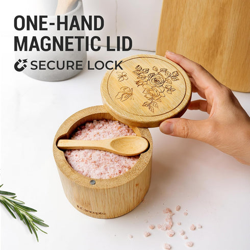 ILConcepts Countertop, 8 Oz Bamboo Salt Cellar Storage Box, Bowl with Magnetic Swivel Lid and Spoon, Wooden Container