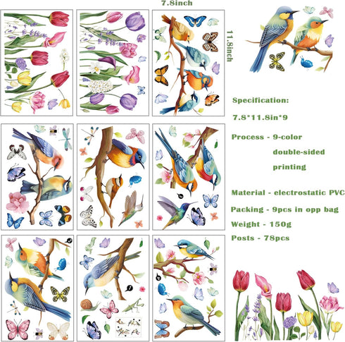 Vibrant Spring & Summer Window Clings - 78 PCS of Butterfly, Tree Branch Hummingbird, and Tulip Anti-Collision Window Stickers for Seasonal and Home Decor Delight