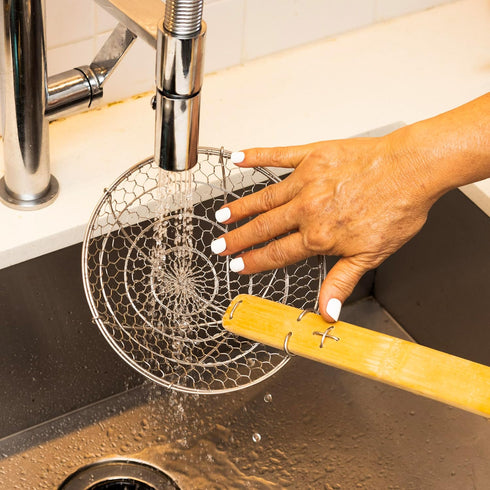 Joyce Chen Kitchen Spider Strainer, Stainless Steel 5-Inch Wire Basket with Bamboo Handle