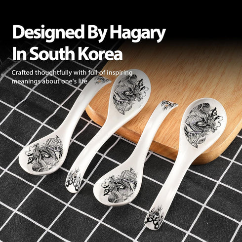Set of 4 Dragon Ceramic Soup Spoons, 6.2 Inch Asian Spoons for Chinese, Korean, Japanese Ramen and Pho
